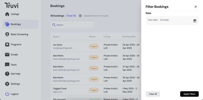 Booking Page Filters