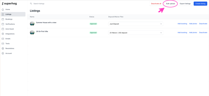 A screenshot of the listings page in the Truvi dashboard, highlighting the bulk upload button