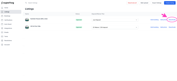 A screenshot showing the deactivate listing button on the listings page.
