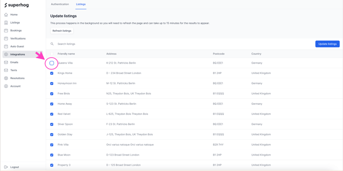 A screenshot showing the tickbox to deactivate a listing via a property management system integration in superhog.