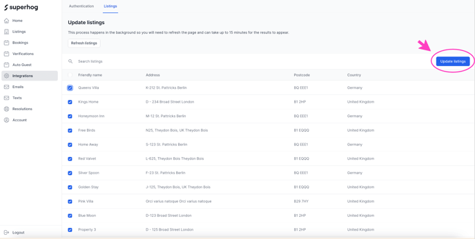 A screenshot highlighting the update listings button when deactivating a listing from superhog.