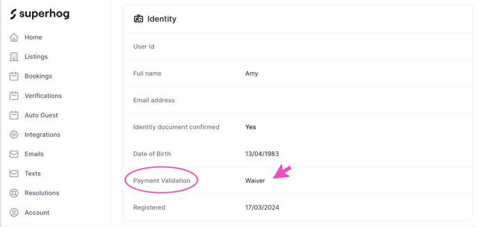 A screenshot of the know your guest report highlighting the payment validation information.