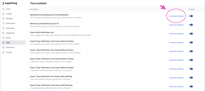 A screenshot highlighting the customise template for text messages in superhog.