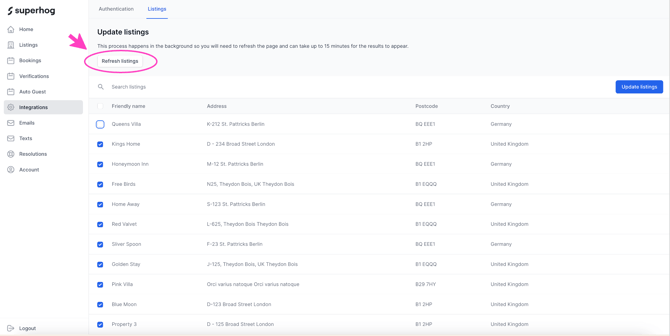 A screenshot showing the update listings page in the integrations section of a Truvi account.